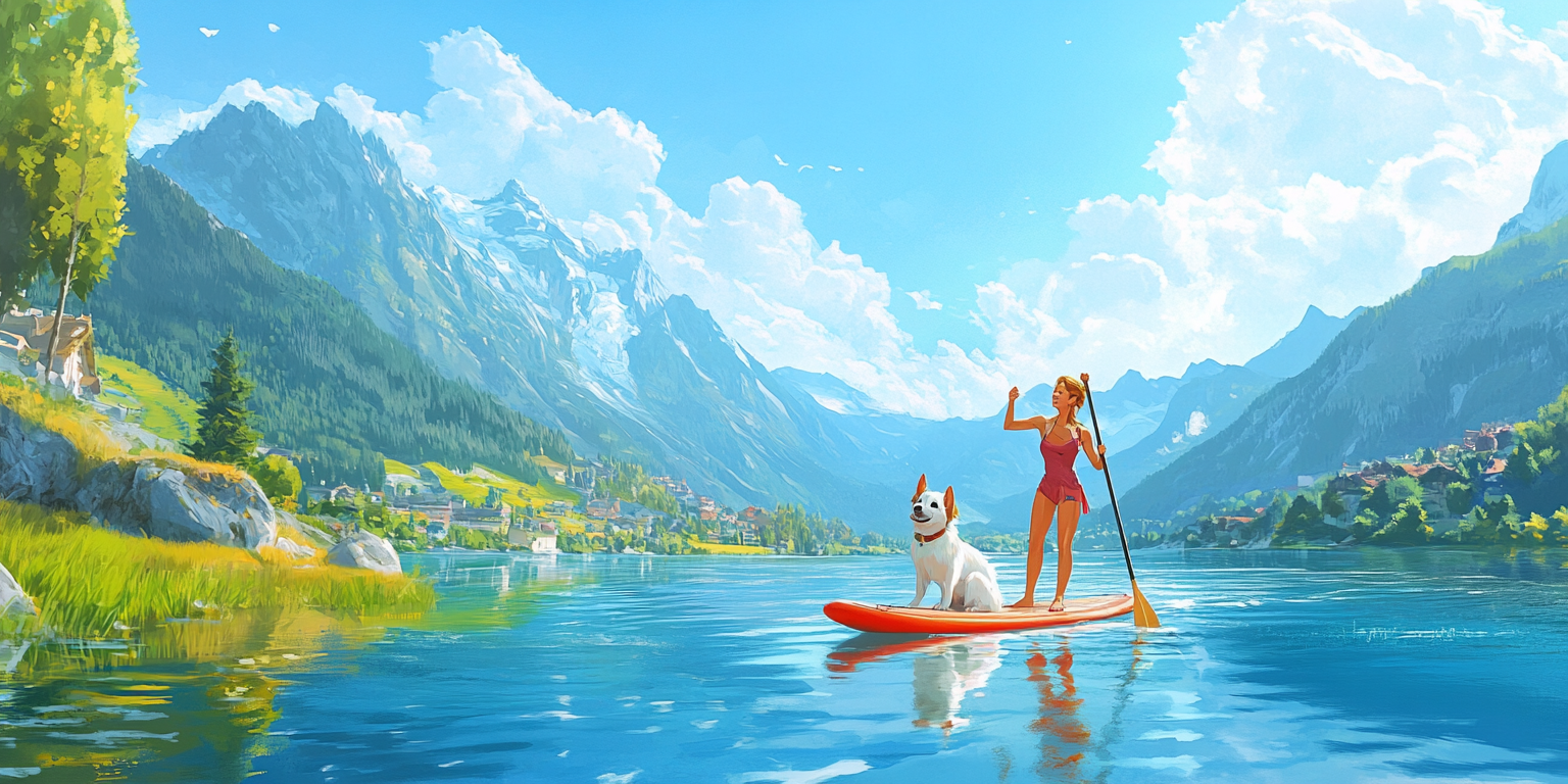 Dog on a stand up paddle with a woman.