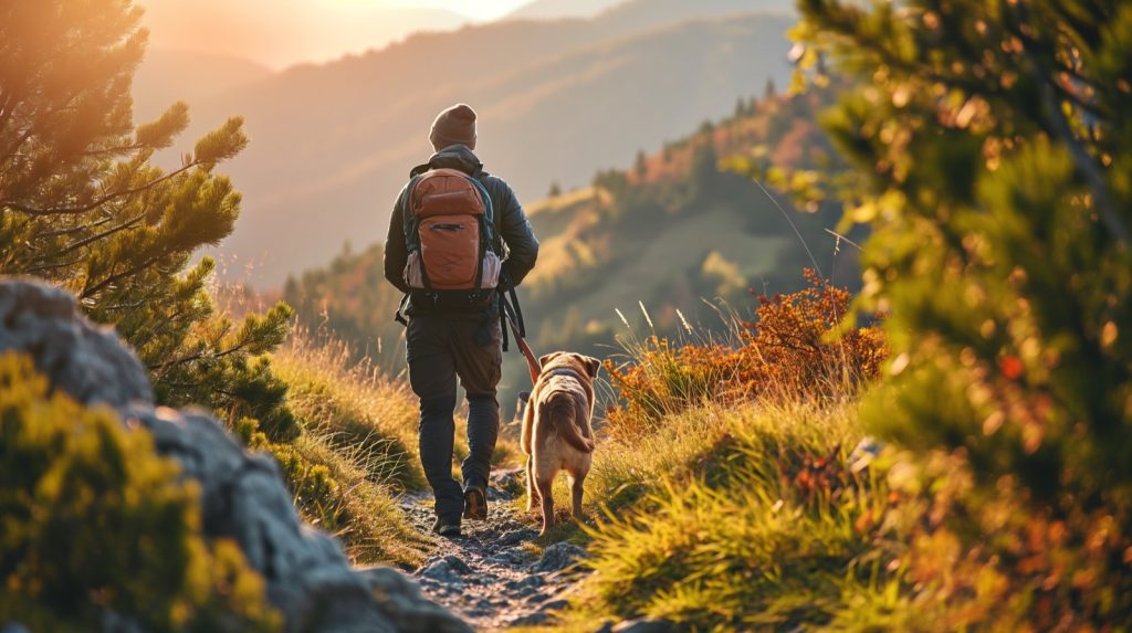 Wanderer mit Hund auf einem Bergweg im herbstlichen Abendlicht