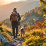 Wanderer mit Hund auf einem Bergweg im herbstlichen Abendlicht